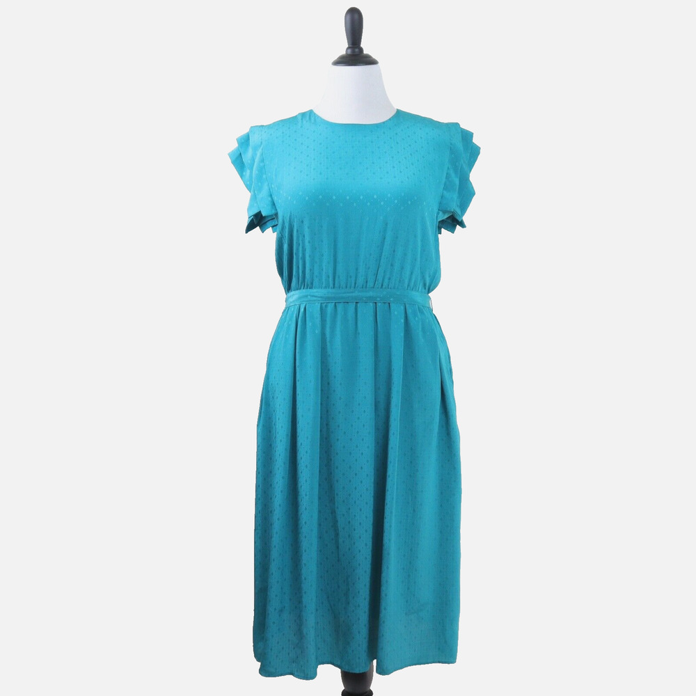 Vintage 1980s Sunshine Alley Size 12 Ruffle Sleeve Dress Teal Satin - Picture 2 of 10